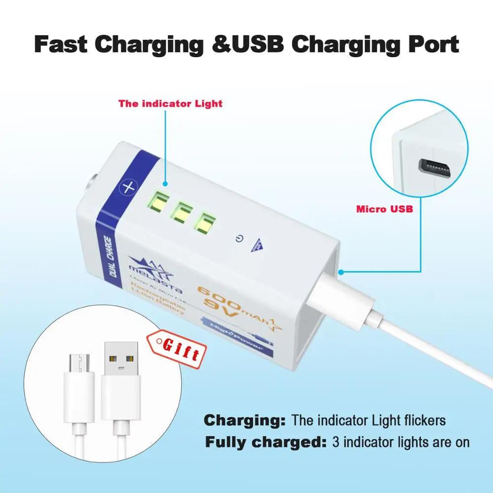 9 в 600 мАч перезаряжаемый микро USB литий ионный аккумулятор 6F22 В для дымовой
