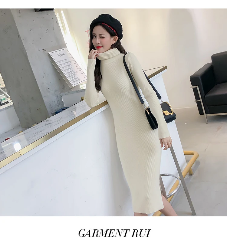 Quality Long Dresses For Women Autumn Winter Spring High Collar long-sleeved Vestidos Fashion Slit Dress Office Lady D206