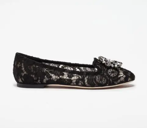 KALMALL/Лидер продаж; scarpe donna; Весенние Свадебные туфли без застежки с украшением в виде драгоценных камней и кружевом; женские туфли на плоской подошве с круглым носком и кристаллами - Цвет: black