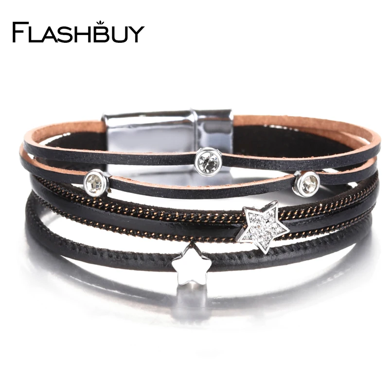 Flashbuy женский Многослойный кожаный браслет для женщин, очаровательные женские Многослойные браслеты и браслеты, ювелирные украшения для женщин