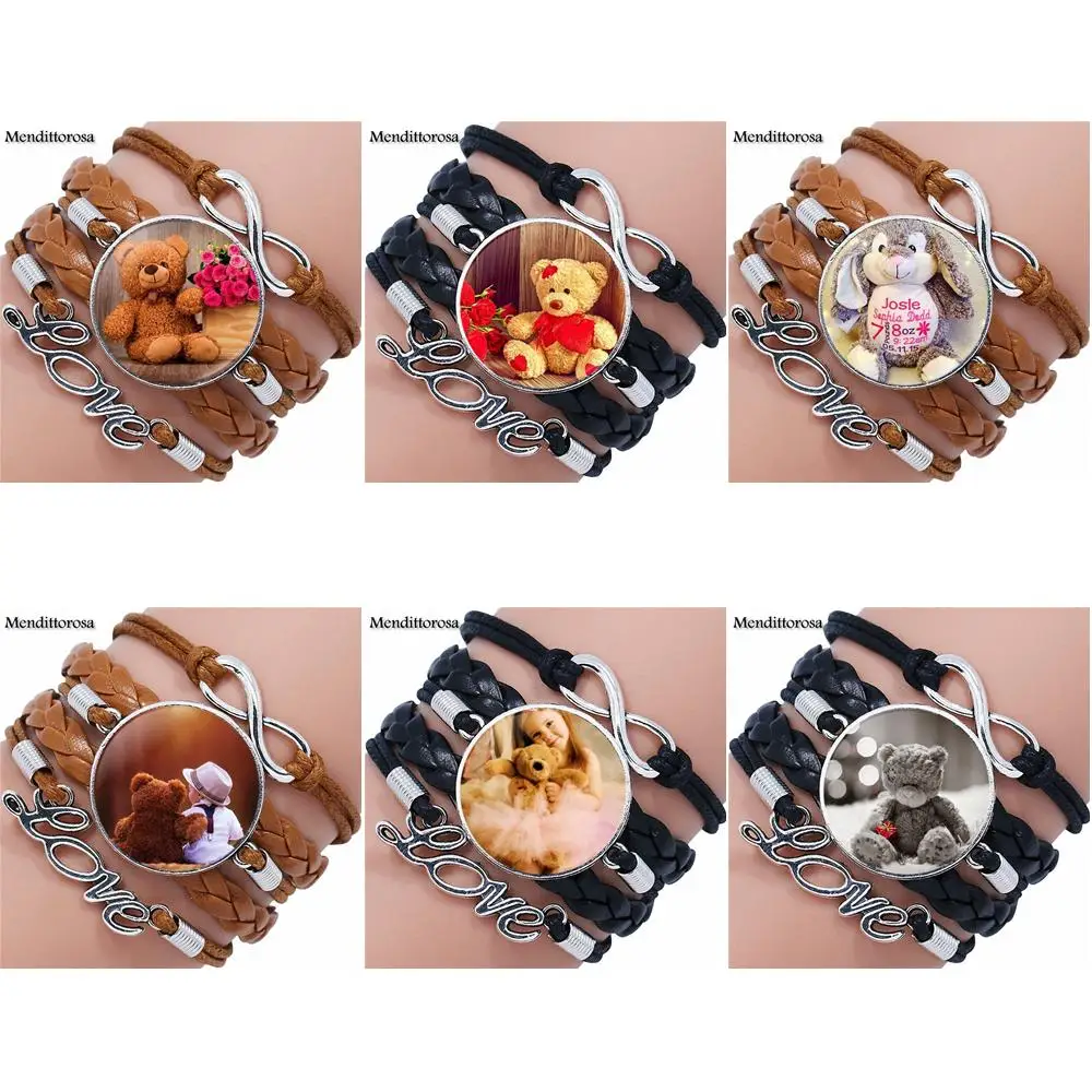 Женский винтажный кожаный браслет с кабошоном многослойный черный/коричневый