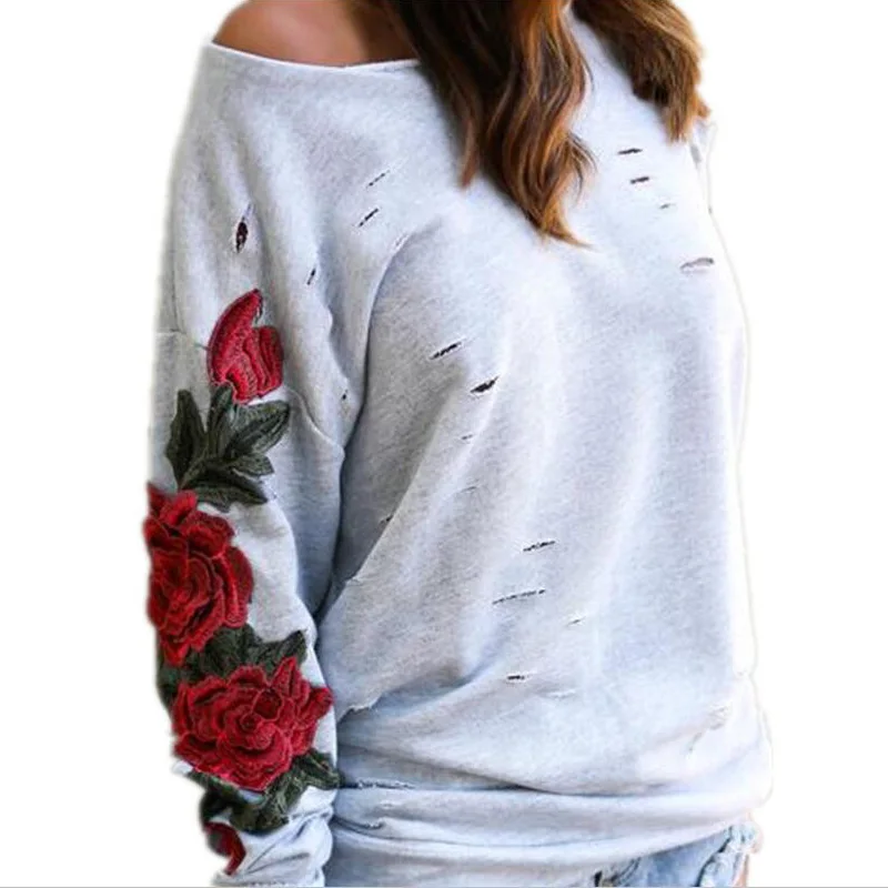 Осень Для женщин Элегантный цветочный Вышивка Толстовки Long Sleeve Drop Shoulder пикантные