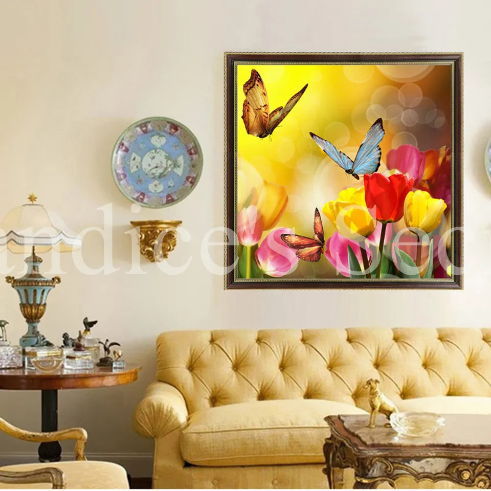 Diy Алмазная картина цветок бабочка и тюльпаны квадратные алмазные наборы