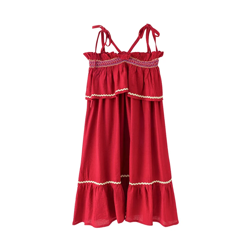 B-646 2019 New Fashion Summer Girl Casual Sling Dress Child Red Dresses Popular Holiday Bare Shoulder Sleeveless Beach | Детская одежда