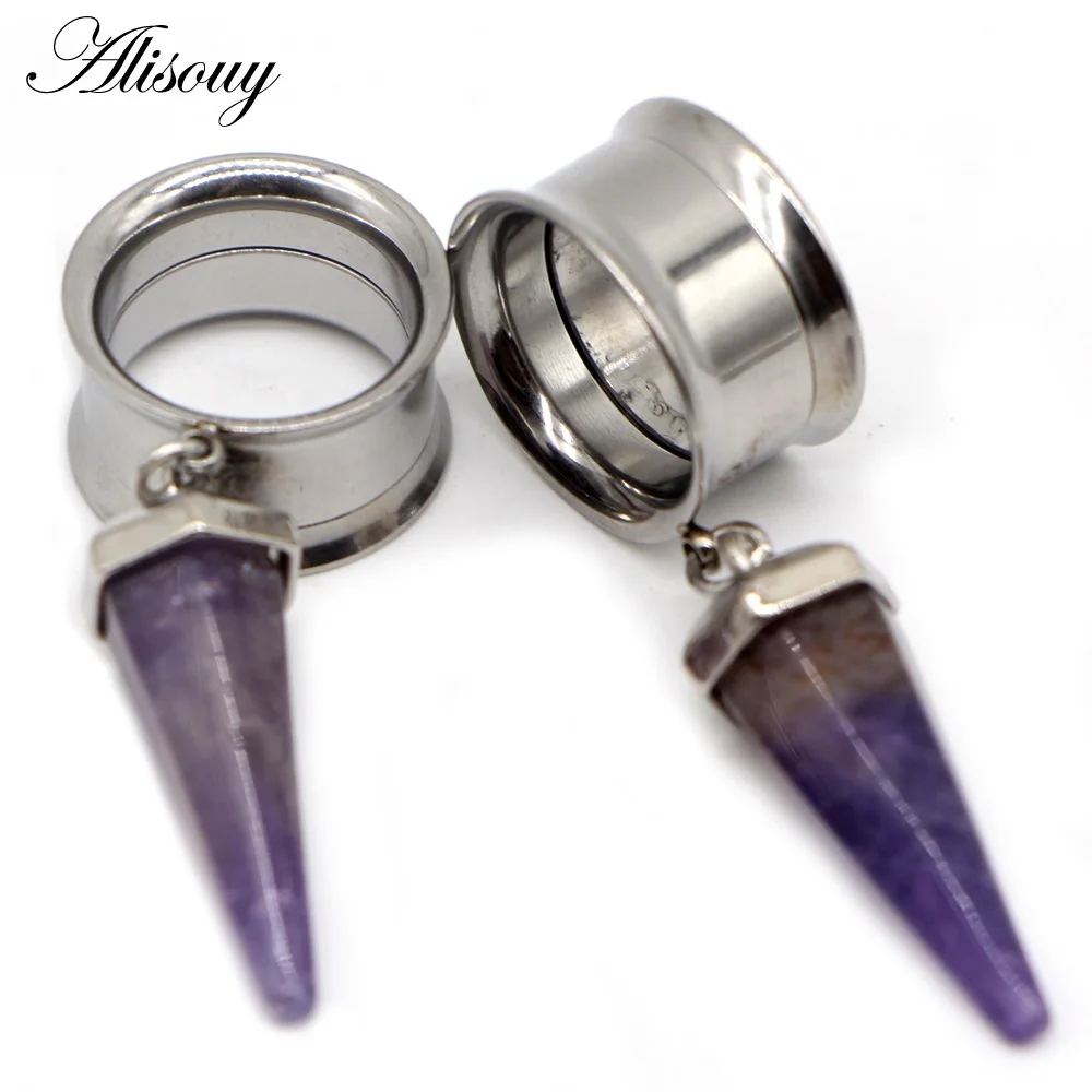 EM844B Silver Purple Alisouy 2 шт хирургическая сталь опал Фиолетовый Камень ушной разъем туннельный расширитель диаметры для ушей конус внутренняя нить пирсинг украшения для тела - Окраска металла: EM844B Silver Purple