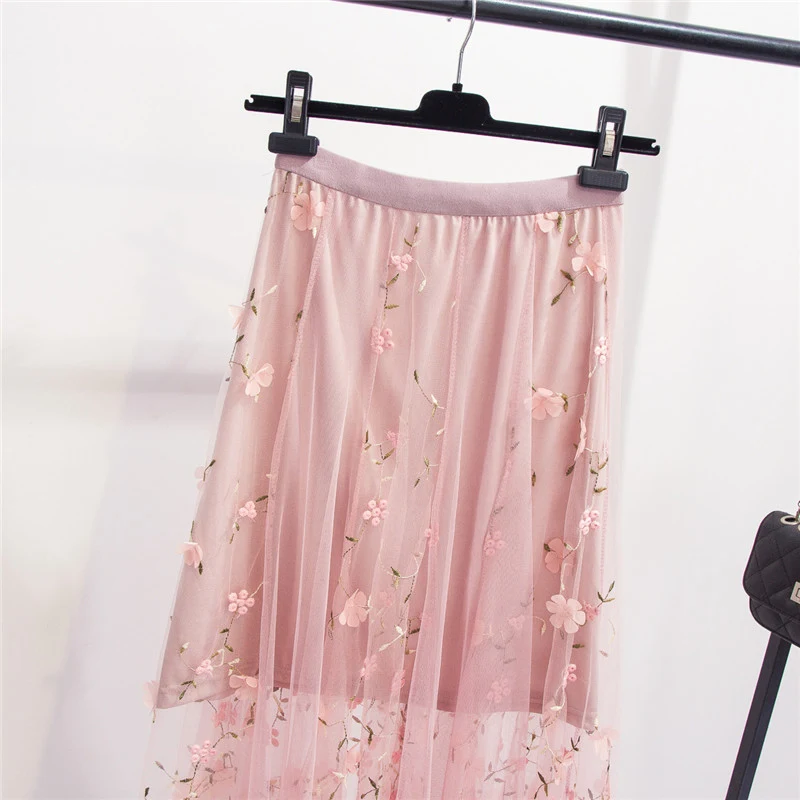 TIGENA/красивая розовая и белая Тюлевая юбка с цветочной вышивкой Женская мода 2019