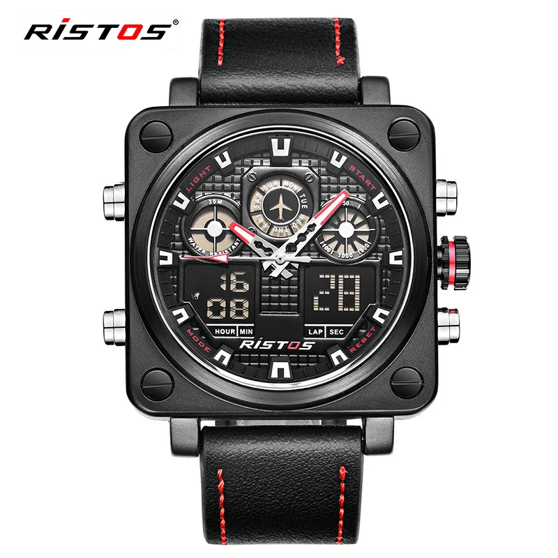 Black Red RISTOS мужские многофункциональные спортивные часы с хронографом, военные кожаные аналоговые модные наручные часы Relojes Masculino, уникальные 9343 - Цвет: Black Red