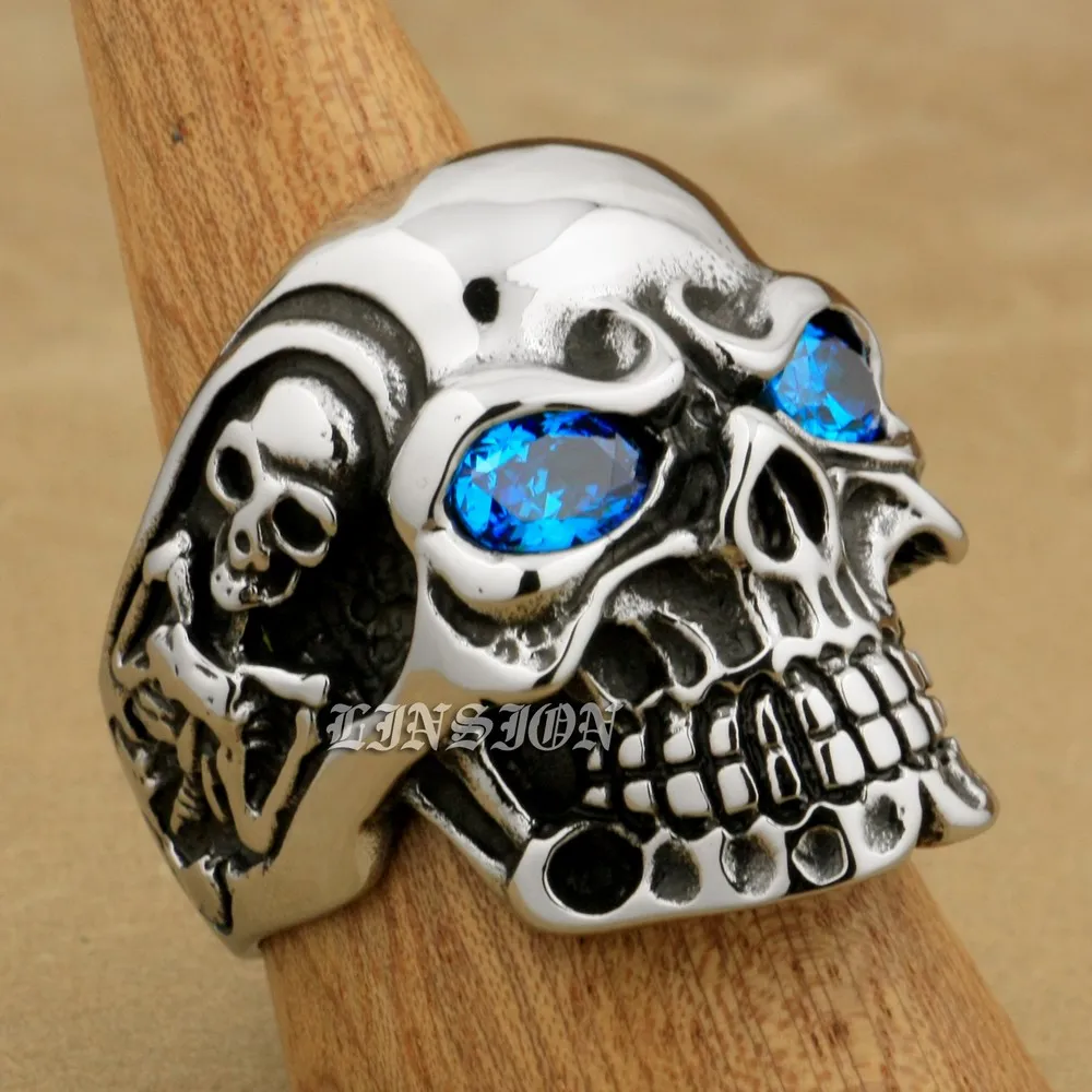 

LINSION Punk Jewellery 316L Stainless Steel CZ Eyes Titan Skull Ring Mens Boys Biker Rock Style 3AX01