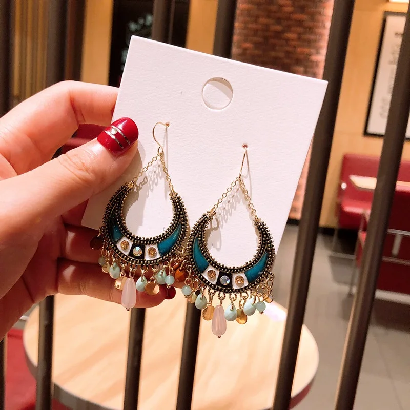 Big bohemian indian ethnic dangle earrings blue long tassle boho vintage for women large oversize jewelry gift party | Украшения и