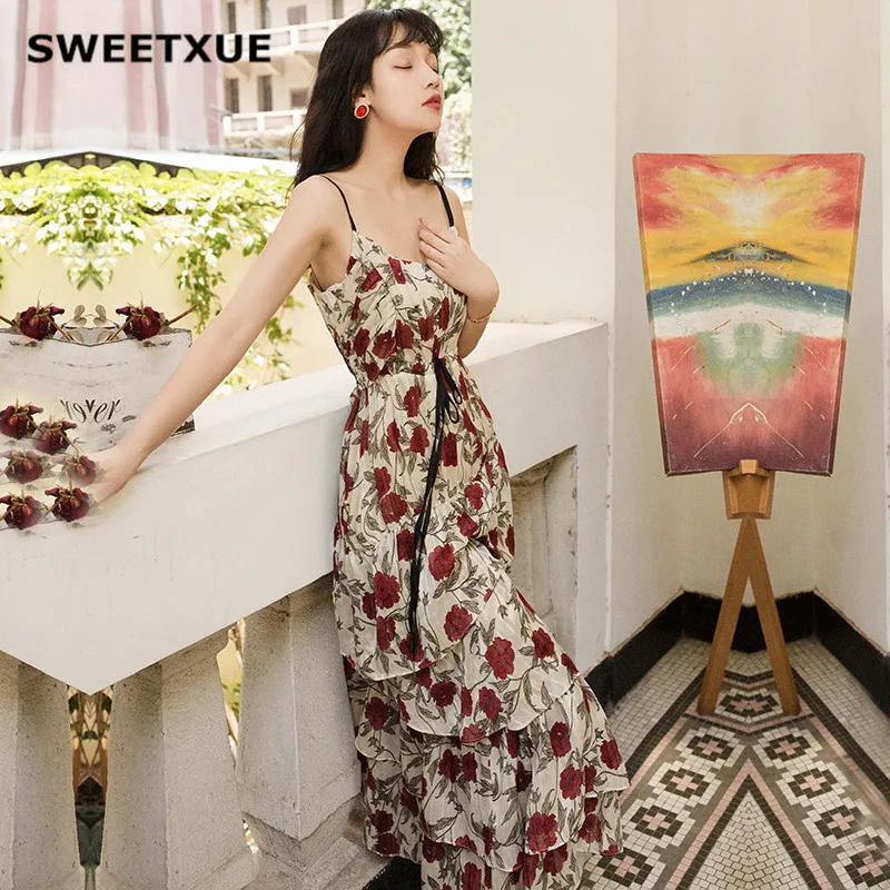 Женское шифоновое многослойное платье SWEETXUE длинное на тонких бретельках с
