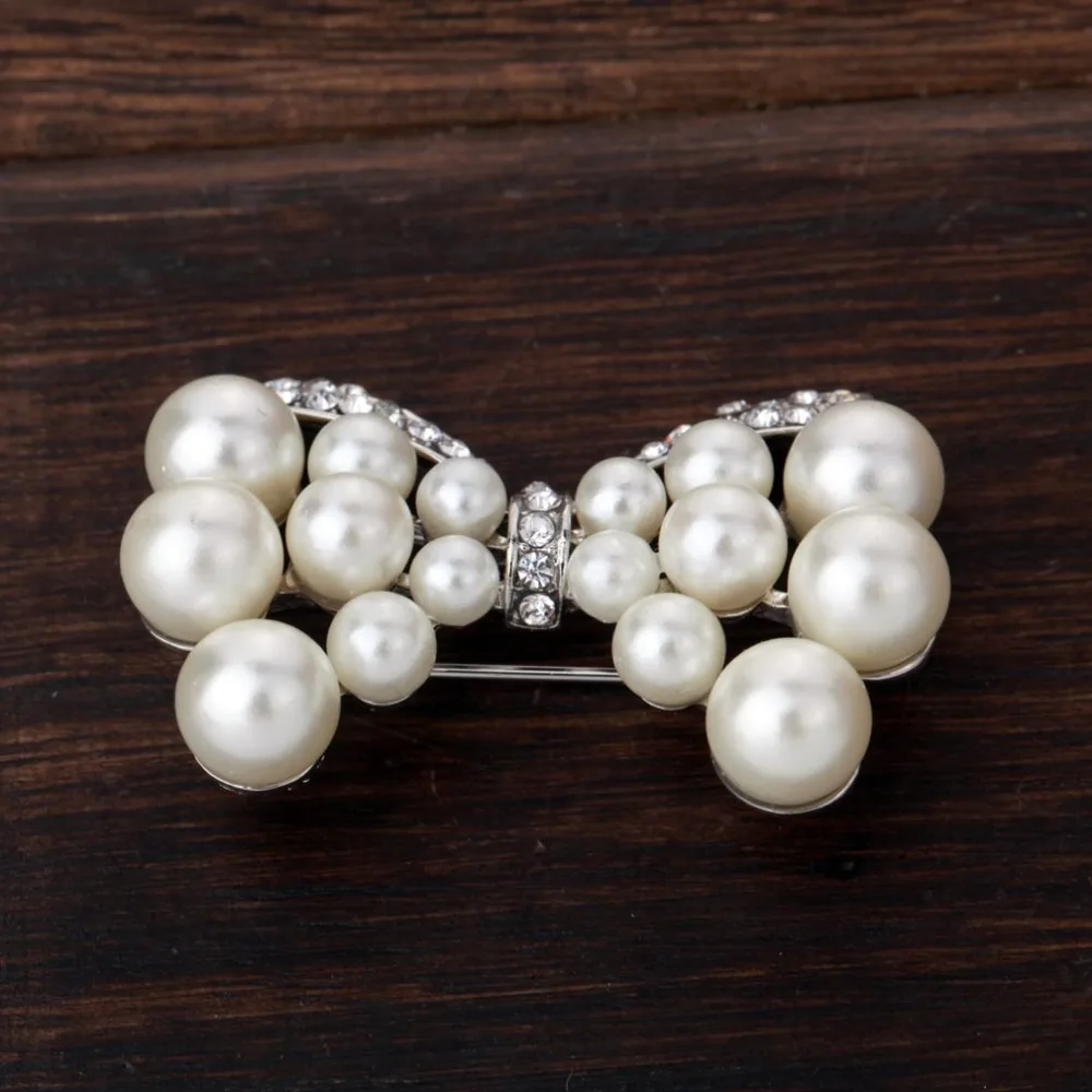 Pearl Bow tie Brooch Pins with Clear Crystal Rhinestones for Women Bride or Wedding Bouquets | Украшения и аксессуары