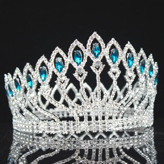 Silver sea Blue Роскошный сверкающий кристалл барокко Королева Король свадебная тиара Корона театрализованный диадема на выпускной вечер головной убор Свадебные украшения для волос аксессуары - Окраска металла: Silver sea Blue