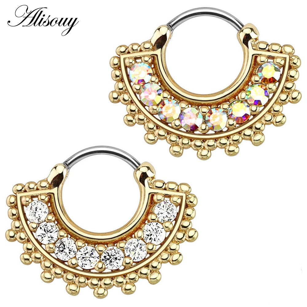 

Alisouy 1pc Surgical Stainless Steel Sector Nose Piercing High Quality Zircon Septum Clicker Nose Ring Stud Fashion Body Jewelry