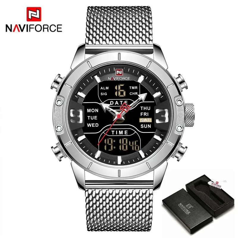NAVIFORCE часы мужские люксовый бренд Мужские кварцевые спортивные военные часы цифровые повседневные Электронные Водонепроницаемые часы Relogio Masculino - Цвет: Silver with Box