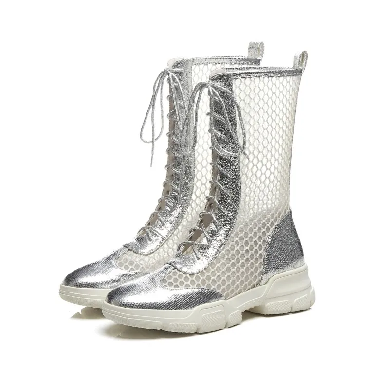 

mesh boots summer women mid calf boots Genuine Leather hollow out Flat Rome sandals Cool boots breathable women's shoes