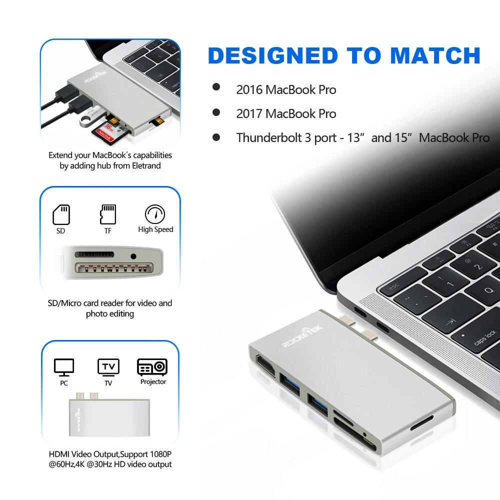 Адаптер Rocketek multi type c 3 0 2 usb хаб HDMI 4K с SD TF кардридером для MacBook pro аксессуары