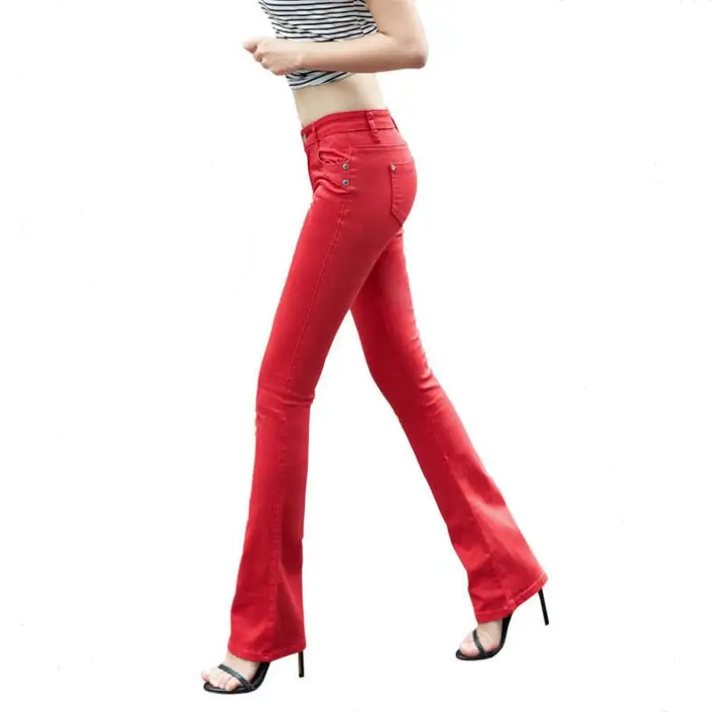 

Candy colors horn pants jeans for women high elastic Skinny Stretch Formal Office Work Pants button fly women jeans