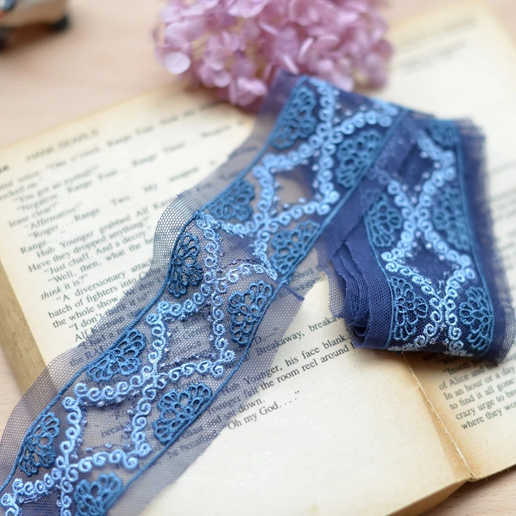 Новый вышитые 3.8 см ширина голубой кружевной отделкой аксессуары для головные