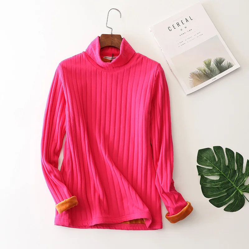 D00131 hot pink Новинка, Женская фланелевая плотная теплая водолазка, футболка для женщин,, повседневные Зимние Топы с длинным рукавом размера плюс, женская футболка D131 - Цвет: D00131 hot pink
