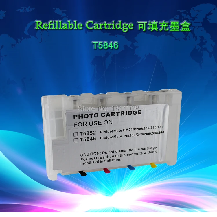 T5846 Empty Refillable ink cartridge with auto reset chips  for  PictureMate PM200 PM225 PM240 PM260 PM280,1PCS,free shipping