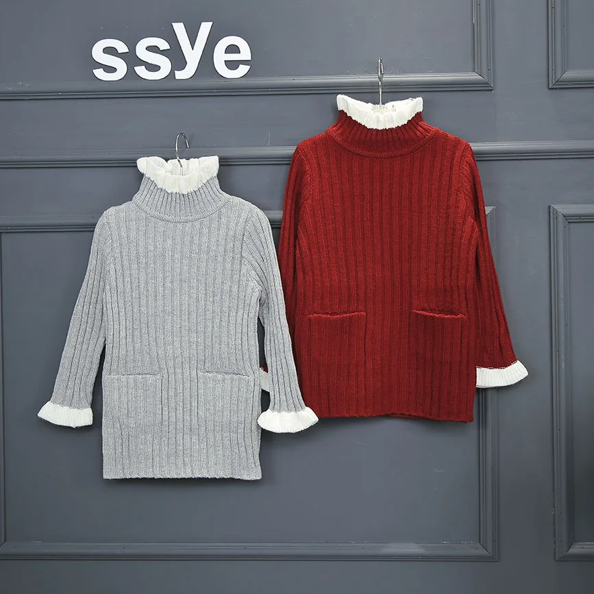 3 Color Baby Girl Ruffle Sleeve Turtleneck Long Style Knitting Sweater With Pocket Kids 2016 New Autumn Winter Thick Clothes 2-7 | Детская