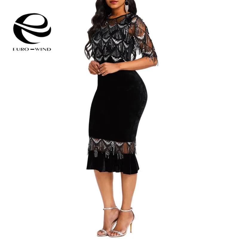 2019 Elegant Summer Dress Women Sexy Half Sleeve O-neck Hollow Out Sequin Dresses Ladies Shining Club Party Midi Vestidos | Женская