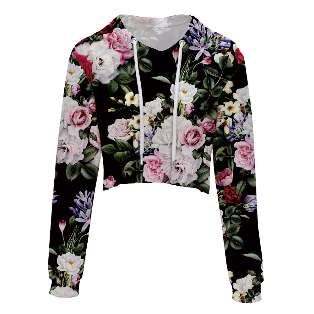Новое поступление с длинным рукавом Для женщин принтом роз кроп топ для девочек