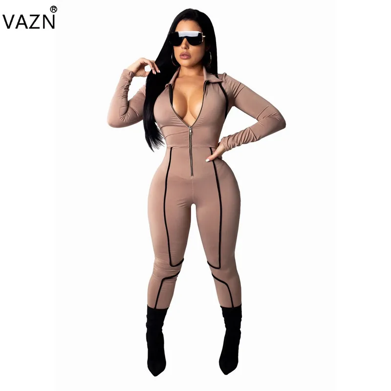 VAZN Autumn 2019 Hot Fashion Ladies Casual Jumpsuits Solid Full Sleeve High Street Lady Skinny Tracksuit Long Romper SMR9073 | Женская