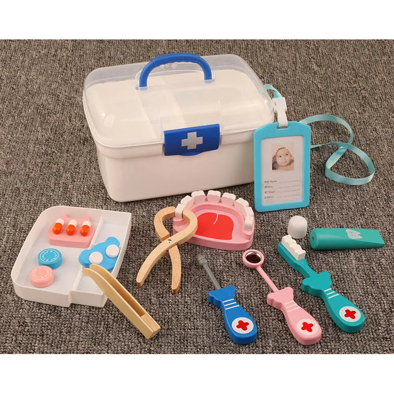Blue Dentist 16 шт. Детские ролевые игры, игрушки доктора, детский деревянный медицинский набор, имитационный медицинский сундук, набор для детей, развивающие наборы - Цвет: Blue Dentist