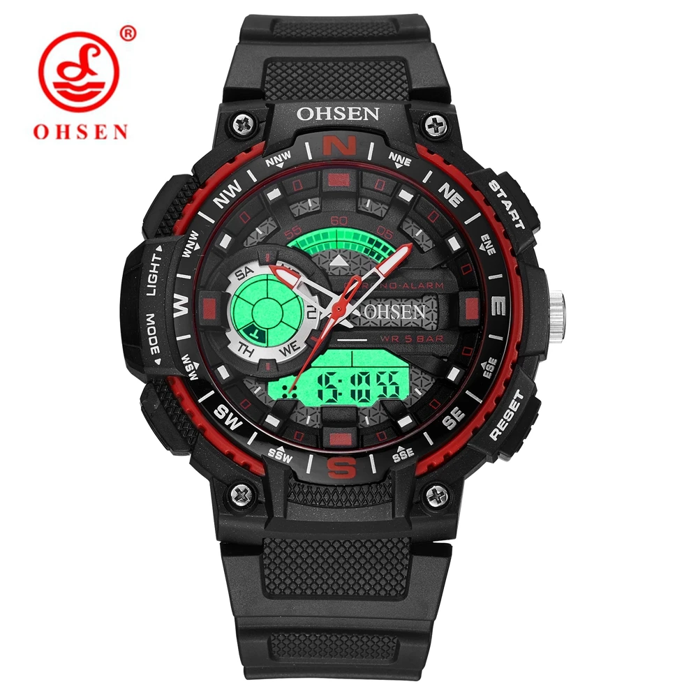 Модные Relogio Masculino OHSEN спортивные часы мужские кварцевые цифровые Красные Hombre с