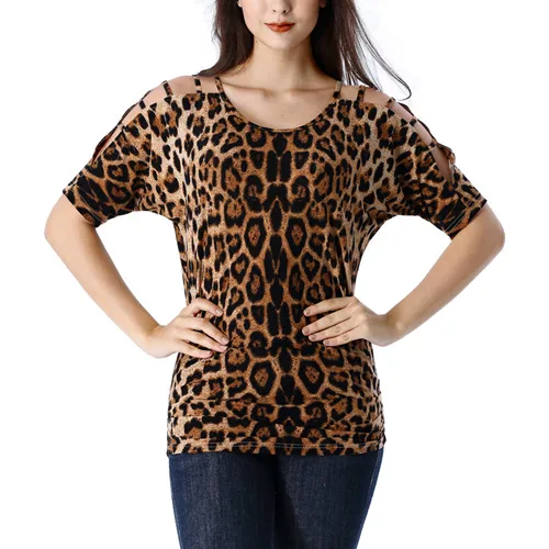 Brown Leopard Vfemage, женская сексуальная летняя футболка с открытыми плечами и вырезами, рукав летучая мышь, рукав «летучая мышь», Замочная скважина на спине, с рюшами, Повседневная Туника, топ, 2922 - Цвет: Brown Leopard