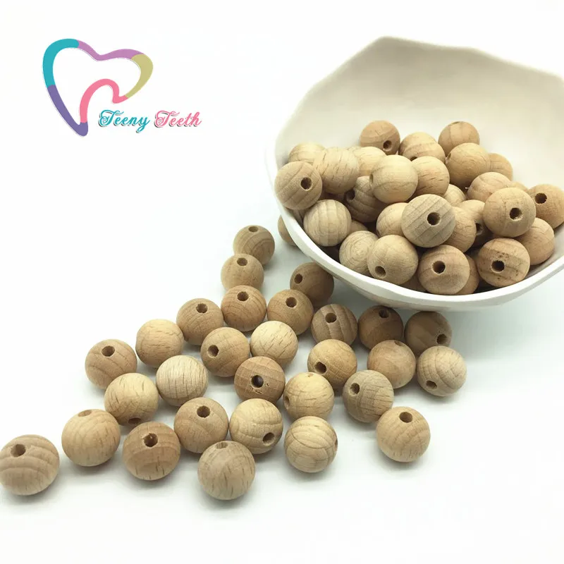 Teeny Teeth 200PCS Beech Wooden Beads Round 12 MM Unfinished DIY Necklace Bracelet Baby Teething Shower Gift Wood Teething Beads