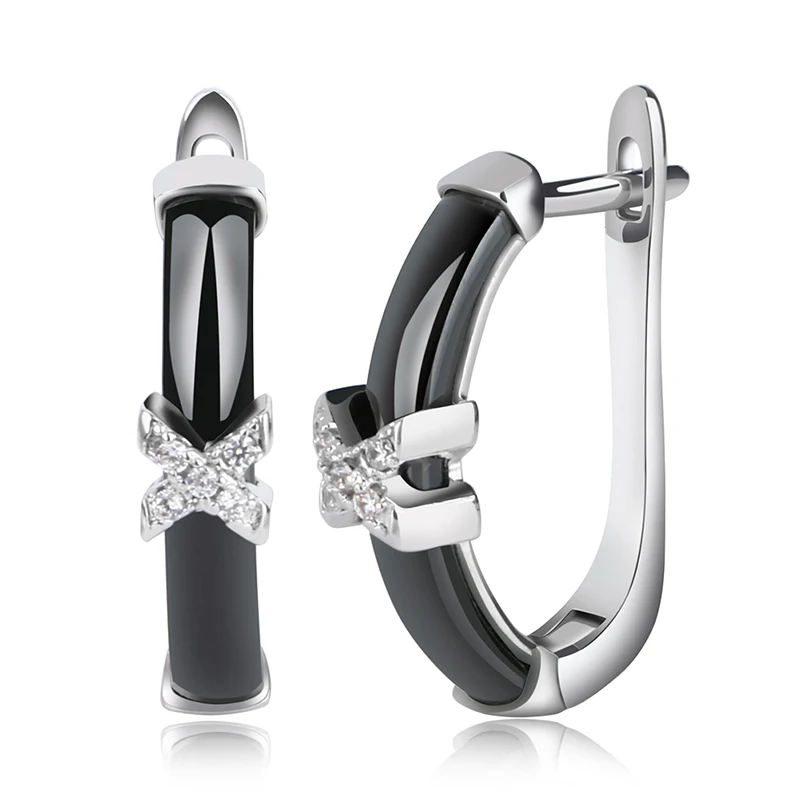Black Earrings Новинка, u-образные женские серьги на застежке, с х кристаллами, стразы, здоровые, черные, белые, керамические серьги для женщин, свадебные ювелирные изделия - Окраска металла: Black Earrings