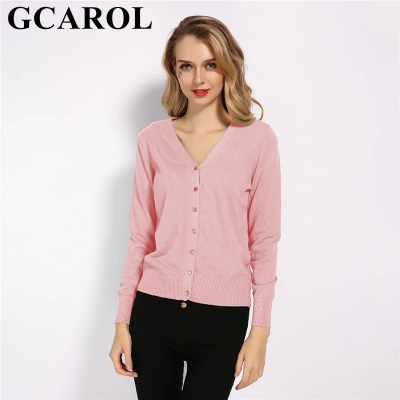 Pale Pink GCAROL осень зима v-образный вырез женский Укороченный кардиган 30% шерсть свитер стрейч однобортный OL трикотаж - Цвет: Pale Pink