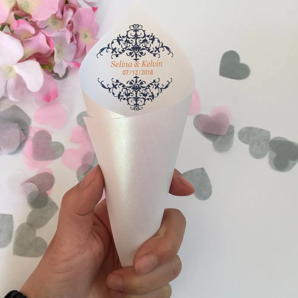 

Personalized Navy blue wedding party decoration vintage royal blue peach coral damask confetti cones 120 gram pearly papers 25ct