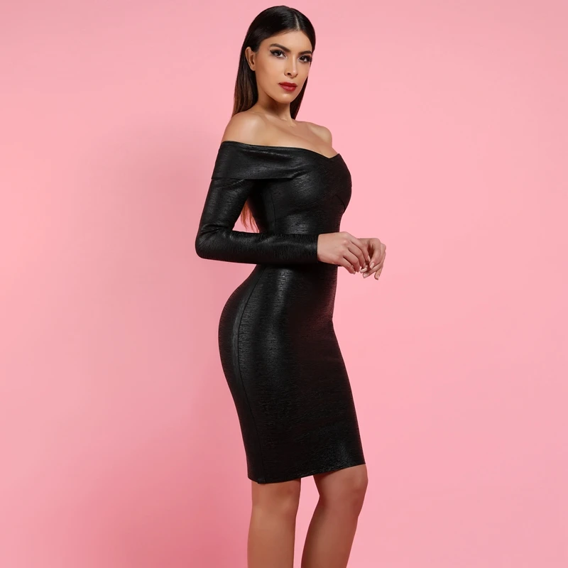 Ocstrade Vestidos Бандажное платье Новое поступление черное Бандажное платье с принтом из фольги с открытыми плечами облегающее Бандажное платье с длинным рукавом