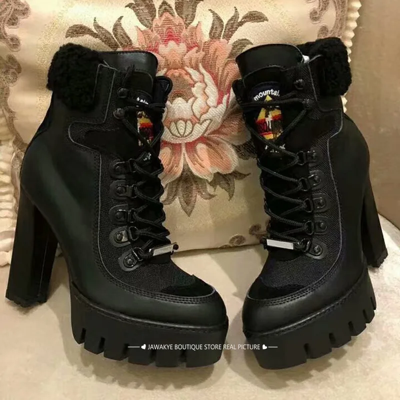 Зимние женские мотоциклетные сапоги на платформе и высоком каблуке 12 см; Botas Mujer; лоскутные шерстяные зимние сапоги с бахромой; ботильоны для женщин