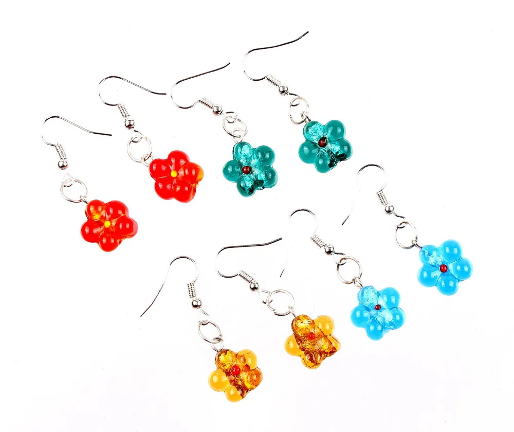 

Wholesale Lots 4pairs Hand-made Women's Romatic Silver Plated Elegant Classic Dangle Flower Murano Glass Earrings HOT