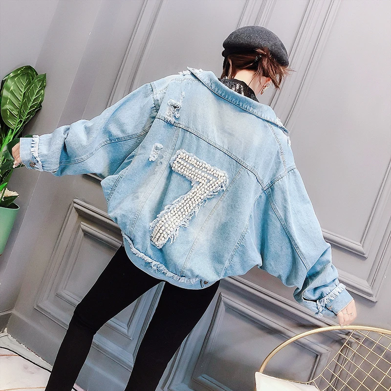 

women hole hollow out pearl denim jacket number 7 beading decoration bat sleeve loose jean jacket spring female outwear