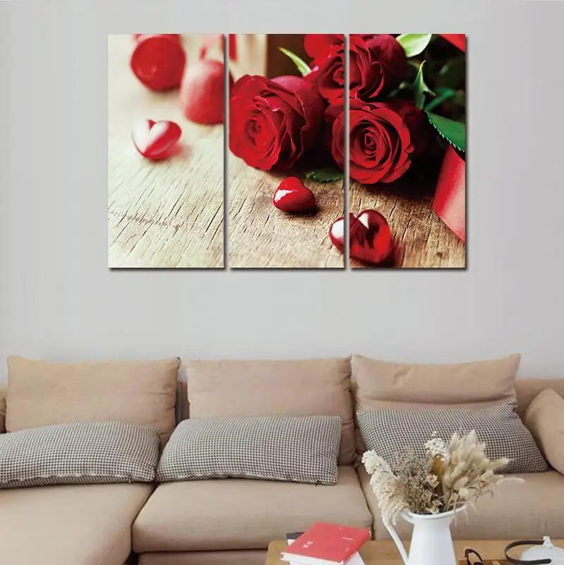 Настенная картина с цветами красная роза капли дождя 3 шт. печать на холсте