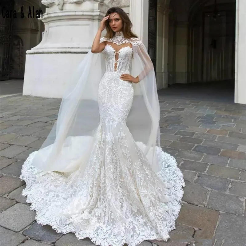 

New Mermaid Lace Wedding Dresses with Cape Sleeveless Appliques Sexy Backless Bridal Gowns Custom made robe de mariee