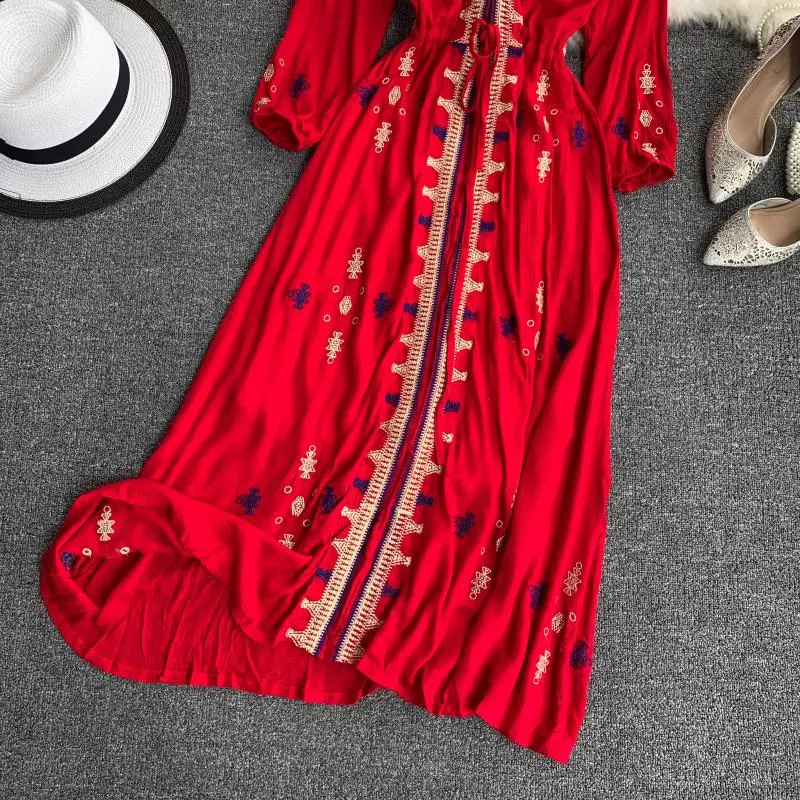 

Bohemian Vacation Beach Women Midi Dress 2019 Embroidery V Neck Waist A-Line Dress Elegant Lantern Long Sleeve Female Vestidos