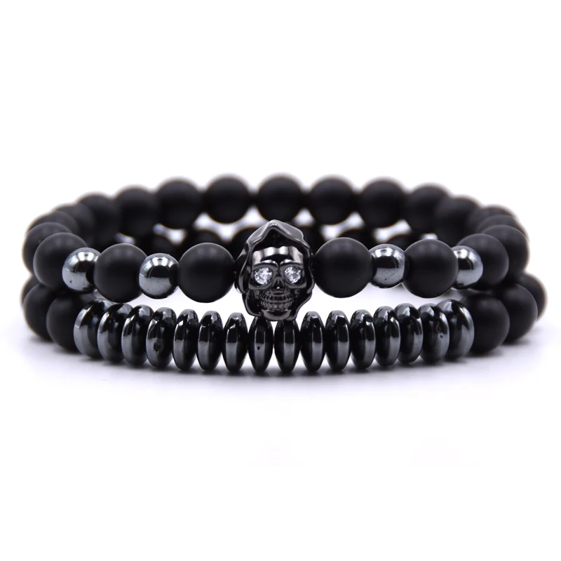 Pulseira модный браслет для пары 8 мм бусины матовый камень мужские CZ Череп Браслеты