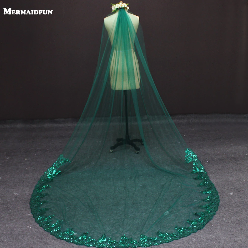 Новинка 3 метра один слой кружева внизу Зеленый Тюль свадебная фата м Длинная для