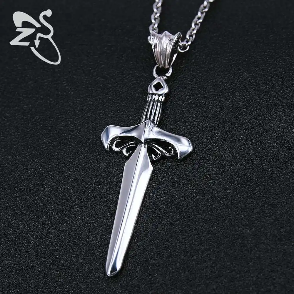 ZS 1 PC Cross Sword Necklace Punk Style Long Pendant Vintage Chains Stainless Steel Choker Weapon Totem Amulet Brave Men Jewelry | Украшения
