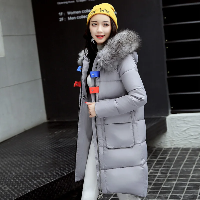 2017 new women winter pocket letter pattern long Slim Big Fur collar parkas coat Female Hooded cotton thicken warm jacket | Женская