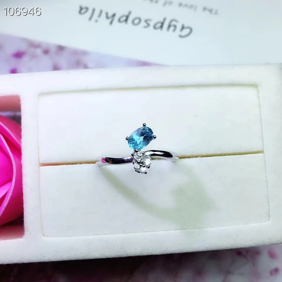 Модное простое круглое кольцо с натуральным синим топазом и драгоценным камнем в