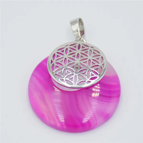 Pink Stripes Agates Мода цветок жизни кулон Йога Исцеление чакры натуральный камень кристалл Мандала Подвеска для ожерелья для мужчин женщин рейки ювелирные изделия - Окраска металла: Pink Stripes Agates