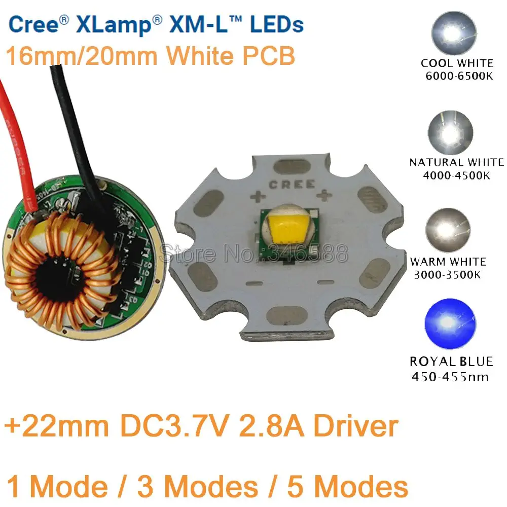 12V Input 22mm 5 Modes Driver + CREE XML XM-L T6 10W White Neutral White Warm White High Power LED Emitter 16/20mm White PCB