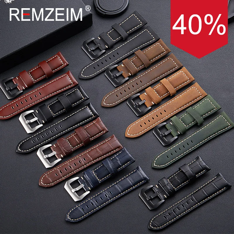 Ремешок для часов REMZEIM из натуральной кожи черный синий зеленый коричневый